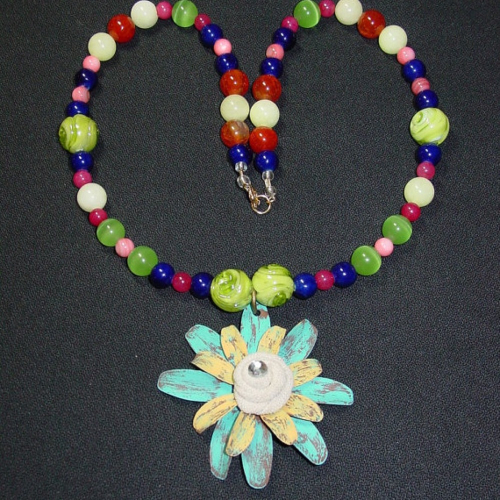 Handmade Necklace Rustic Metal Flower Focal
